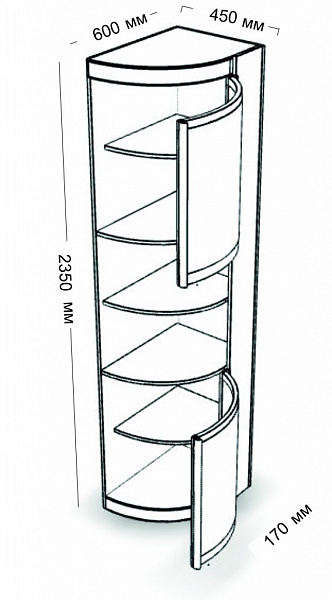 Радион угл. элемент, 2 двери, ассиметр. 600*450*2350 мм.