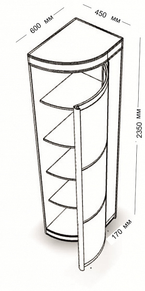 Радион угл. элемент, с дверью ассиметр. 600*450*2350 мм.